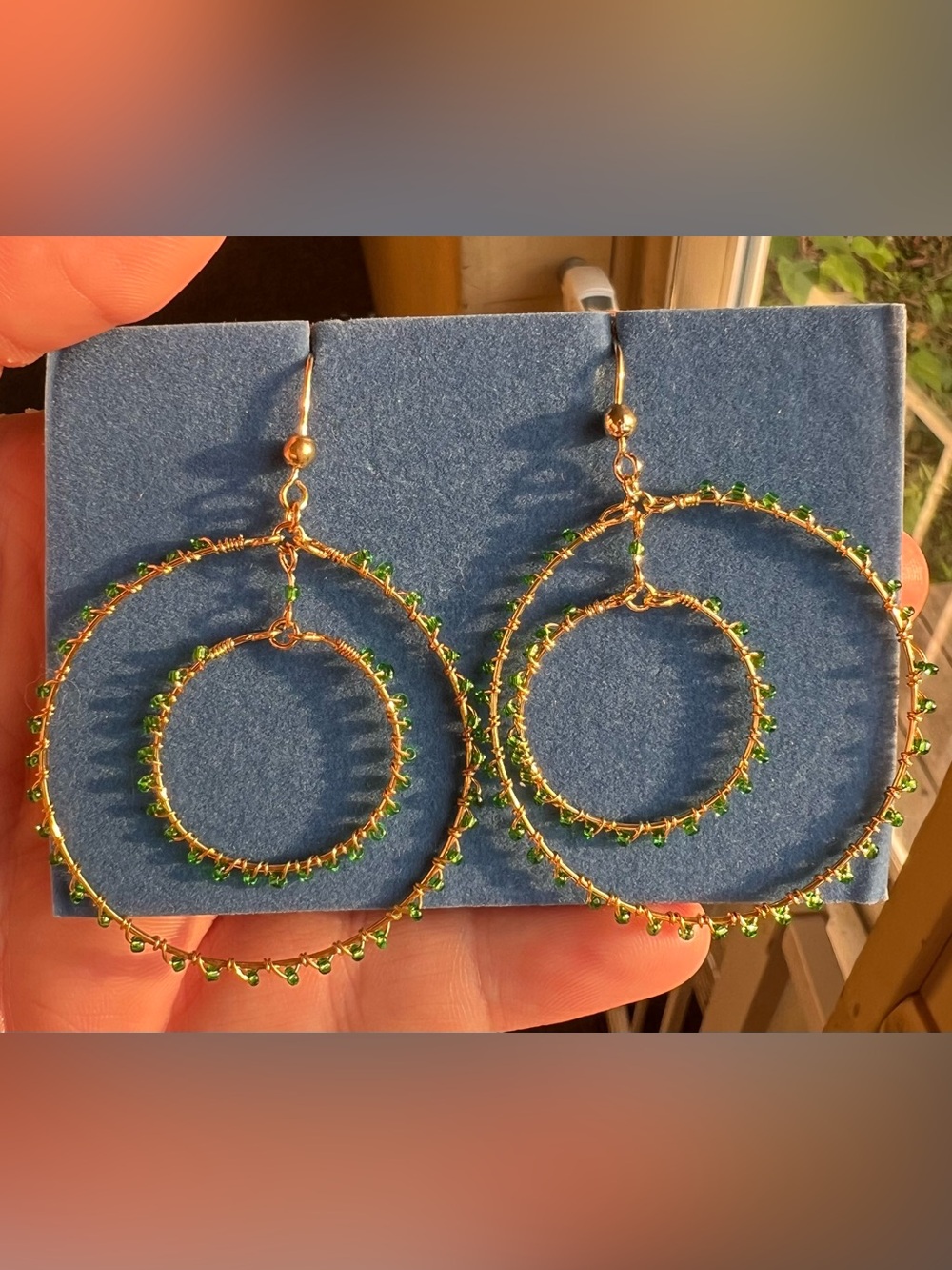 Gold Hoop Drop Earrings with Green Bead Accents